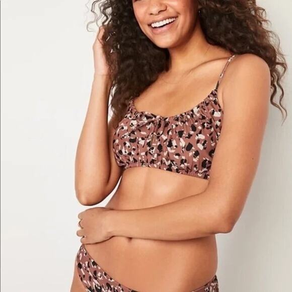 Old Navy cheetah animal print Brown & Black Gathered Key-hole Swim Top Size XXL - Picture 1 of 7